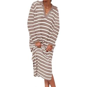 Saodimallsu Womens Striped Sweater Dress Fall Chunky Knit V Neck Collared Long Sleeve Sexy Slit Loose Midi Dresses(Light Khaki)