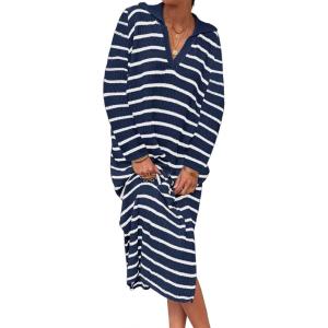 Saodimallsu Womens Striped Sweater Dress Fall Chunky Knit V Neck Collared Long Sleeve Sexy Slit Loose Midi Dresses(Navy)