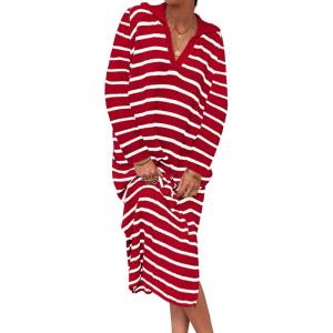Saodimallsu Womens Striped Sweater Dress Fall Chunky Knit V Neck Collared Long Sleeve Sexy Slit Loose Midi Dresses(Red)