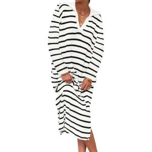 Saodimallsu Womens Striped Sweater Dress Fall Chunky Knit V Neck Collared Long Sleeve Sexy Slit Loose Midi Dresses(White)