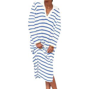 Saodimallsu Womens Striped Sweater Dress Fall Chunky Knit V Neck Collared Long Sleeve Sexy Slit Loose Midi Dresses(White&blue)