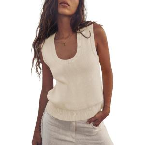 Saodimallsu Womens Summer Sweater Vest Sleeveless Ribbed Knit Tank Tops Going Out Casual Basic Scoop Neck Tshirt(Beige)