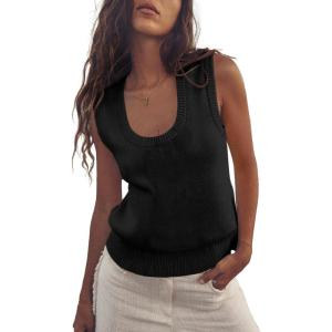 Saodimallsu Womens Summer Sweater Vest Sleeveless Ribbed Knit Tank Tops Going Out Casual Basic Scoop Neck Tshirt(Black)