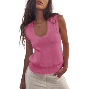 Saodimallsu Womens Summer Sweater Vest Sleeveless Ribbed Knit Tank Tops Going Out Casual Basic Scoop Neck Tshirt(Bright Pink)