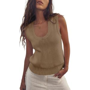 Saodimallsu Womens Summer Sweater Vest Sleeveless Ribbed Knit Tank Tops Going Out Casual Basic Scoop Neck Tshirt(Dark Khaki)