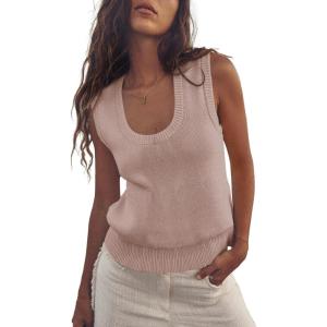 Saodimallsu Womens Summer Sweater Vest Sleeveless Ribbed Knit Tank Tops Going Out Casual Basic Scoop Neck Tshirt(Khaki)