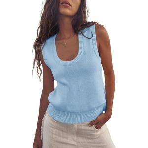 Saodimallsu Womens Summer Sweater Vest Sleeveless Ribbed Knit Tank Tops Going Out Casual Basic Scoop Neck Tshirt(Light Blue)