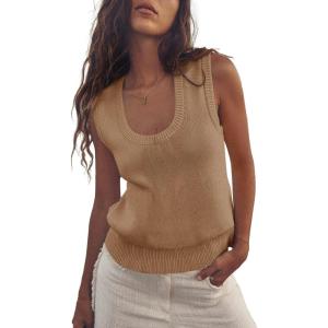 Saodimallsu Womens Summer Sweater Vest Sleeveless Ribbed Knit Tank Tops Going Out Casual Basic Scoop Neck Tshirt(Light Brown)