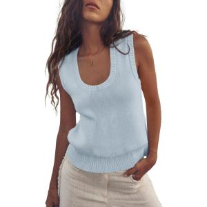Saodimallsu Womens Summer Sweater Vest Sleeveless Ribbed Knit Tank Tops Going Out Casual Basic Scoop Neck Tshirt(Light Grey)