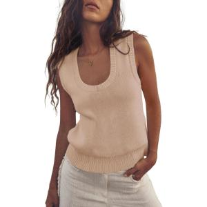Saodimallsu Womens Summer Sweater Vest Sleeveless Ribbed Knit Tank Tops Going Out Casual Basic Scoop Neck Tshirt(Light Khaki)