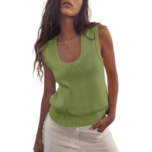 Saodimallsu Womens Summer Sweater Vest Sleeveless Ribbed Knit Tank Tops Going Out Casual Basic Scoop Neck Tshirt(Olive Drab)