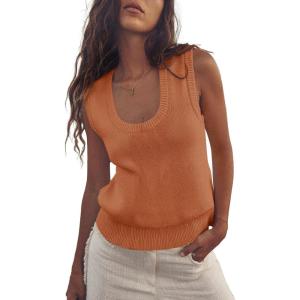 Saodimallsu Womens Summer Sweater Vest Sleeveless Ribbed Knit Tank Tops Going Out Casual Basic Scoop Neck Tshirt(Orange)