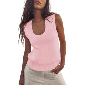 Saodimallsu Womens Summer Sweater Vest Sleeveless Ribbed Knit Tank Tops Going Out Casual Basic Scoop Neck Tshirt(Pink)
