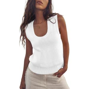 Saodimallsu Womens Summer Sweater Vest Sleeveless Ribbed Knit Tank Tops Going Out Casual Basic Scoop Neck Tshirt(White)