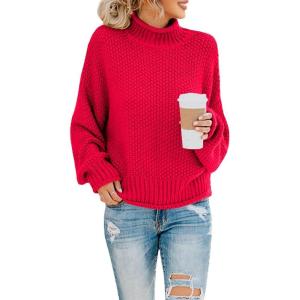 Saodimallsu Womens Turtleneck Oversized Sweaters Batwing Long Sleeve Pullover Loose Chunky Knit Jumper(Red)