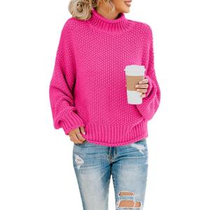 Saodimallsu Womens Turtleneck Oversized Sweaters Batwing Long Sleeve Pullover Loose Chunky Knit Jumper(Rose Red)