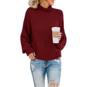 Saodimallsu Womens Turtleneck Oversized Sweaters Batwing Long Sleeve Pullover Loose Chunky Knit Jumper(Wine Red)