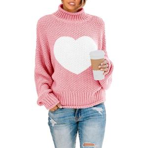 Saodimallsu Womens Turtleneck Oversized Sweaters Batwing Long Sleeve Pullover Loose Chunky Knit Jumper(Z Heart Pink)