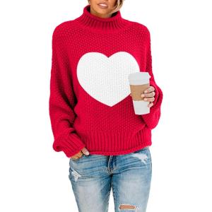 Saodimallsu Womens Turtleneck Oversized Sweaters Batwing Long Sleeve Pullover Loose Chunky Knit Jumper(Z Heart Red)