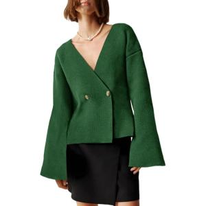 Saodimallsu Womens V Neck Cardigans Long Bell Sleeve Button Down Open Front Loose Knit Fall Sweater Blazer(Army Green)