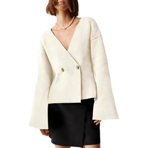 Saodimallsu Womens V Neck Cardigans Long Bell Sleeve Button Down Open Front Loose Knit Fall Sweater Blazer(Beige)