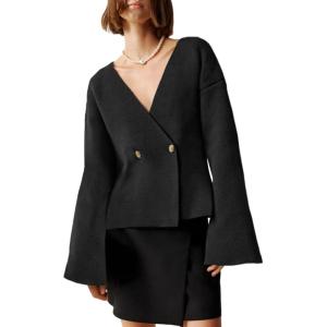 Saodimallsu Womens V Neck Cardigans Long Bell Sleeve Button Down Open Front Loose Knit Fall Sweater Blazer(Black)