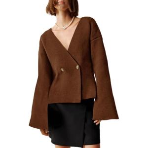 Saodimallsu Womens V Neck Cardigans Long Bell Sleeve Button Down Open Front Loose Knit Fall Sweater Blazer(Brown)