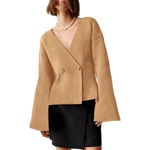 Saodimallsu Womens V Neck Cardigans Long Bell Sleeve Button Down Open Front Loose Knit Fall Sweater Blazer(Camel)