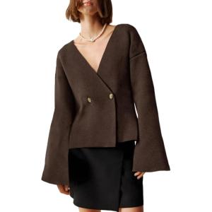 Saodimallsu Womens V Neck Cardigans Long Bell Sleeve Button Down Open Front Loose Knit Fall Sweater Blazer(Coffee)