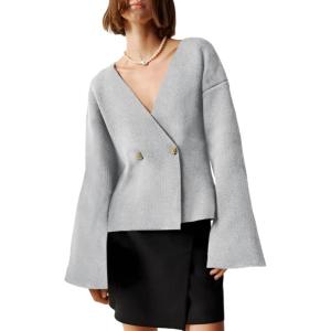 Saodimallsu Womens V Neck Cardigans Long Bell Sleeve Button Down Open Front Loose Knit Fall Sweater Blazer(Gray)