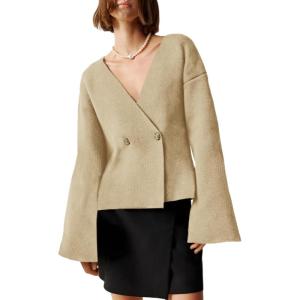 Saodimallsu Womens V Neck Cardigans Long Bell Sleeve Button Down Open Front Loose Knit Fall Sweater Blazer(Khaki)