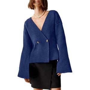 Saodimallsu Womens V Neck Cardigans Long Bell Sleeve Button Down Open Front Loose Knit Fall Sweater Blazer(Navy Blue)