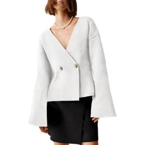 Saodimallsu Womens V Neck Cardigans Long Bell Sleeve Button Down Open Front Loose Knit Fall Sweater Blazer(White)
