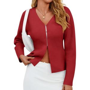 Saodimallsu Womens V Neck Sweater Blazer Peplum Long Sleeve Knit Open Front Split Cardigan Sweaters(Red)
