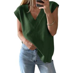 Saodimallsu Womens V Neck Sweater Vest Oversized Ribbed Knit Sleeveless Casual Loose Fit Pullover Tank Top(Army Green)