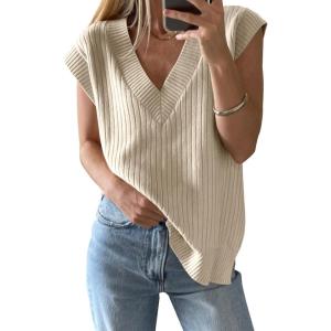 Saodimallsu Womens V Neck Sweater Vest Oversized Ribbed Knit Sleeveless Casual Loose Fit Pullover Tank Top(Beige)