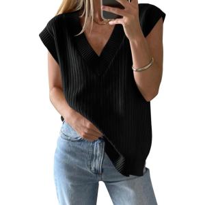 Saodimallsu Womens V Neck Sweater Vest Oversized Ribbed Knit Sleeveless Casual Loose Fit Pullover Tank Top(Black)