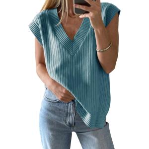 Saodimallsu Womens V Neck Sweater Vest Oversized Ribbed Knit Sleeveless Casual Loose Fit Pullover Tank Top(Blue)