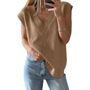 Saodimallsu Womens V Neck Sweater Vest Oversized Ribbed Knit Sleeveless Casual Loose Fit Pullover Tank Top(Brown)