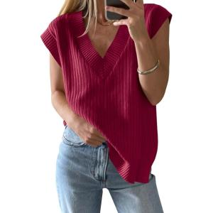 Saodimallsu Womens V Neck Sweater Vest Oversized Ribbed Knit Sleeveless Casual Loose Fit Pullover Tank Top(Burgundy)