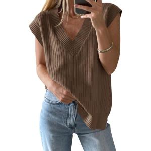 Saodimallsu Womens V Neck Sweater Vest Oversized Ribbed Knit Sleeveless Casual Loose Fit Pullover Tank Top(Coffee)
