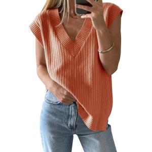 Saodimallsu Womens V Neck Sweater Vest Oversized Ribbed Knit Sleeveless Casual Loose Fit Pullover Tank Top(Coral Powder)