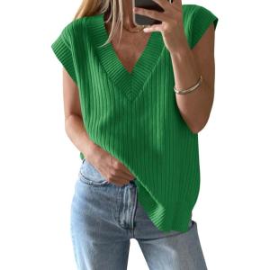 Saodimallsu Womens V Neck Sweater Vest Oversized Ribbed Knit Sleeveless Casual Loose Fit Pullover Tank Top(Dark Green)