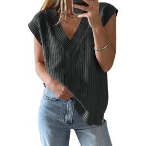 Saodimallsu Womens V Neck Sweater Vest Oversized Ribbed Knit Sleeveless Casual Loose Fit Pullover Tank Top(Dark Grey)