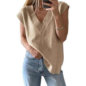 Saodimallsu Womens V Neck Sweater Vest Oversized Ribbed Knit Sleeveless Casual Loose Fit Pullover Tank Top(Khaki)