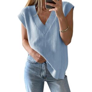Saodimallsu Womens V Neck Sweater Vest Oversized Ribbed Knit Sleeveless Casual Loose Fit Pullover Tank Top(Light Blue)