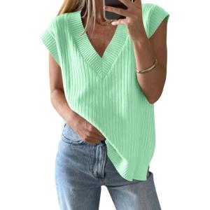 Saodimallsu Womens V Neck Sweater Vest Oversized Ribbed Knit Sleeveless Casual Loose Fit Pullover Tank Top(Light Green)