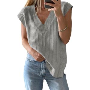 Saodimallsu Womens V Neck Sweater Vest Oversized Ribbed Knit Sleeveless Casual Loose Fit Pullover Tank Top(Light Grey)