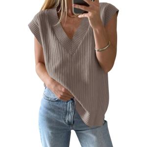 Saodimallsu Womens V Neck Sweater Vest Oversized Ribbed Knit Sleeveless Casual Loose Fit Pullover Tank Top(Light Khaki)