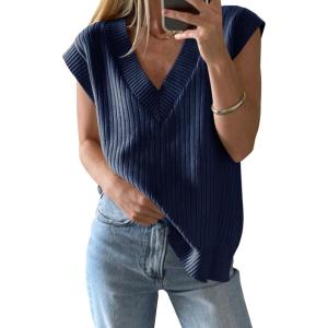 Saodimallsu Womens V Neck Sweater Vest Oversized Ribbed Knit Sleeveless Casual Loose Fit Pullover Tank Top(Navy)